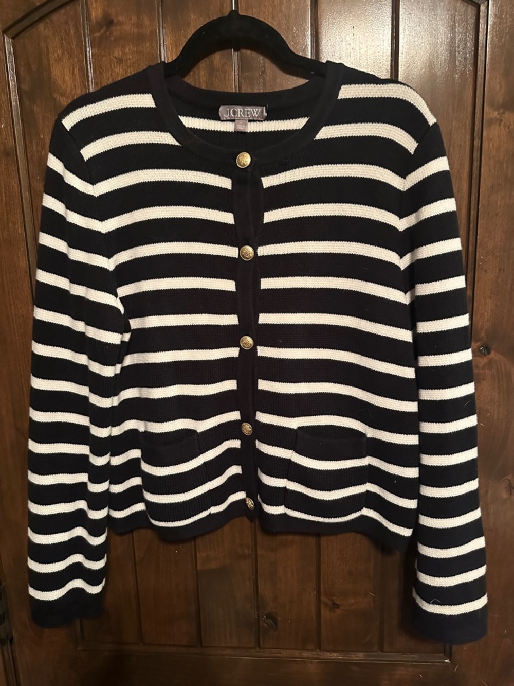 J.Crew Emilie Sweater Lady Jacket Women L Navy White Stripe Good Gold Button